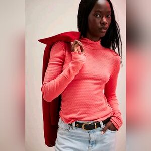 NWOT Free People We The Free Sara Pointelle Turtleneck Flame Red